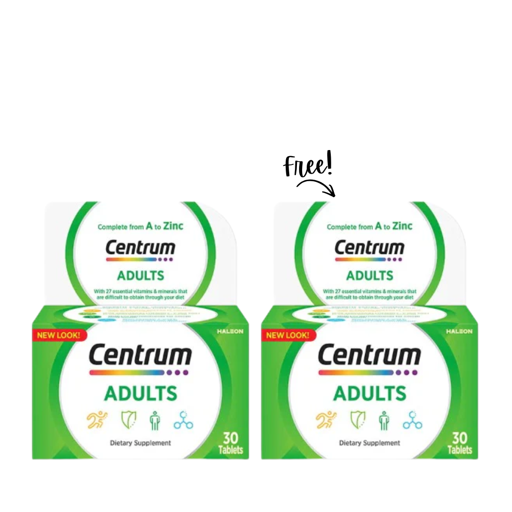 Four boxes of Centrum Adults dietary supplements with a free box on a white background.